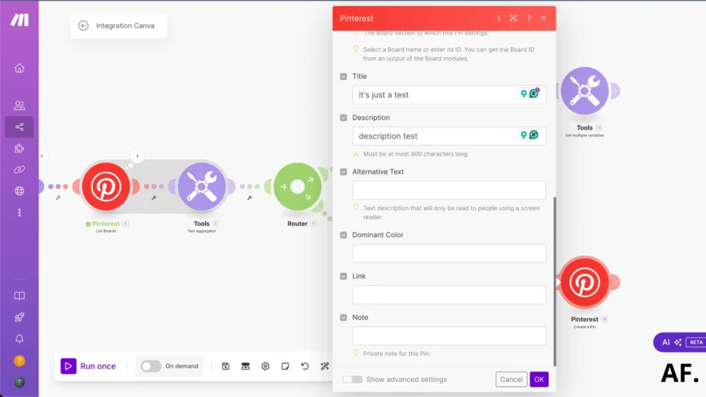 shows values of create a pin module