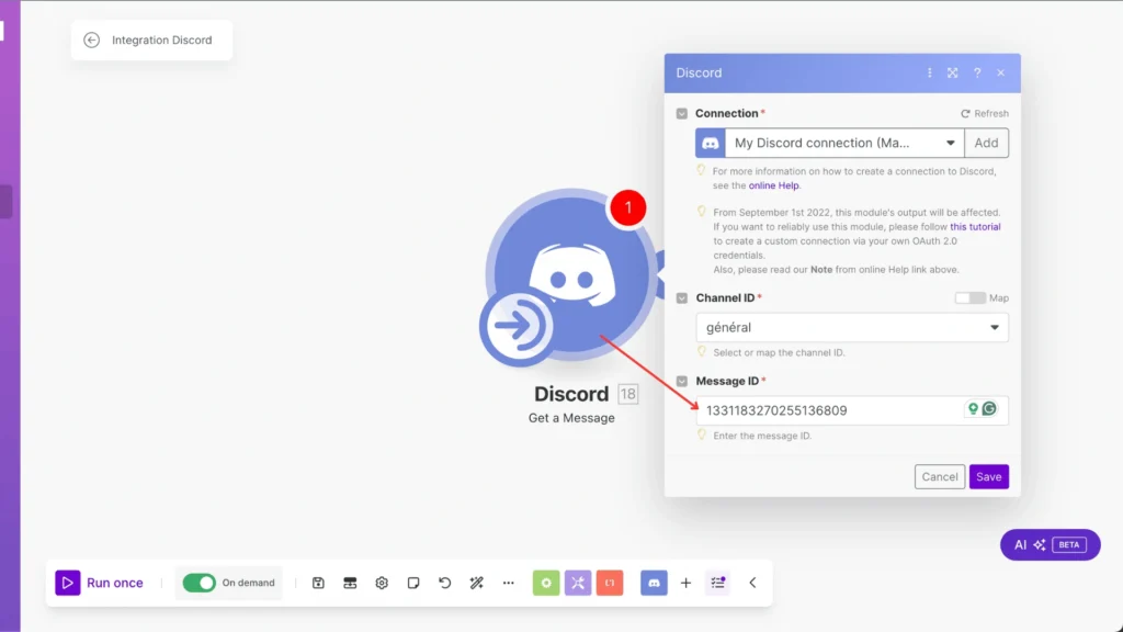 shows field values of discord get a message module