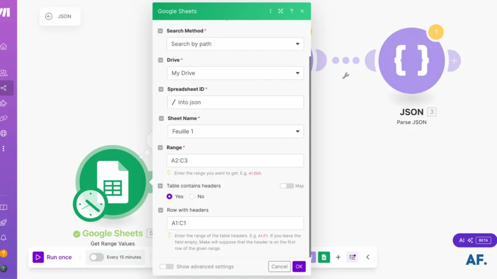 shows filled form google sheets module