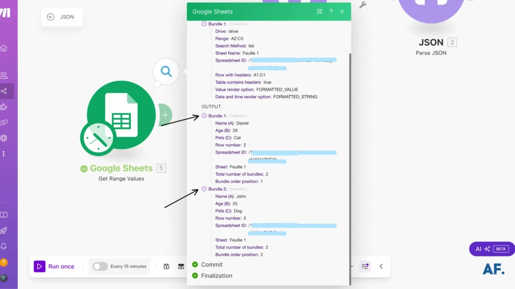 shows result of google sheets module