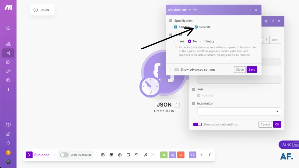 shows where to generate a json
