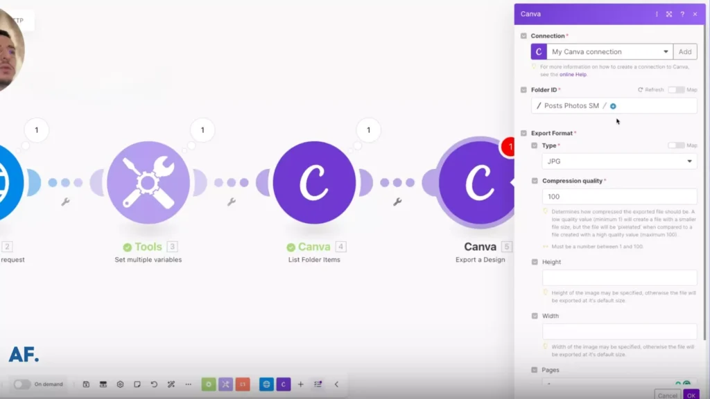 shows values filled on export ad design module canva
