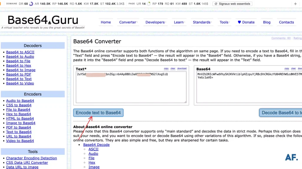 shows where to encode text into base64