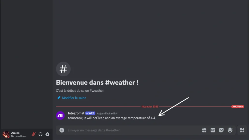 shows the message on discord channel