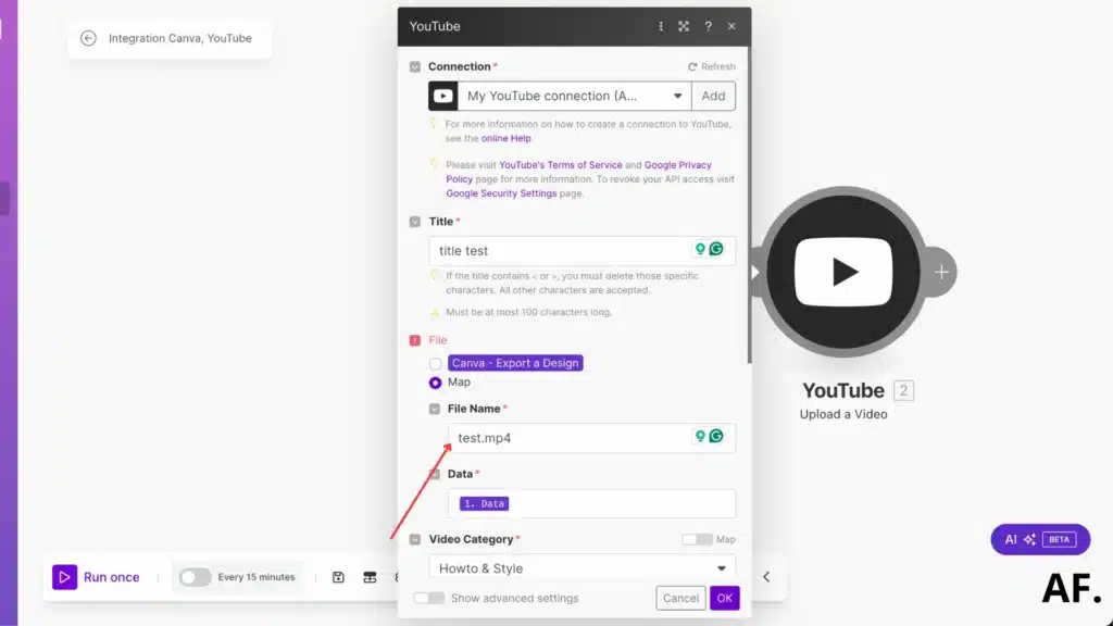 shows how I filled the values of youtube module