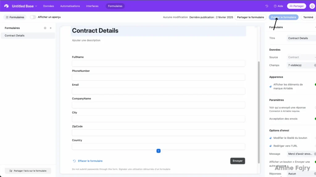 shows where to publish the form