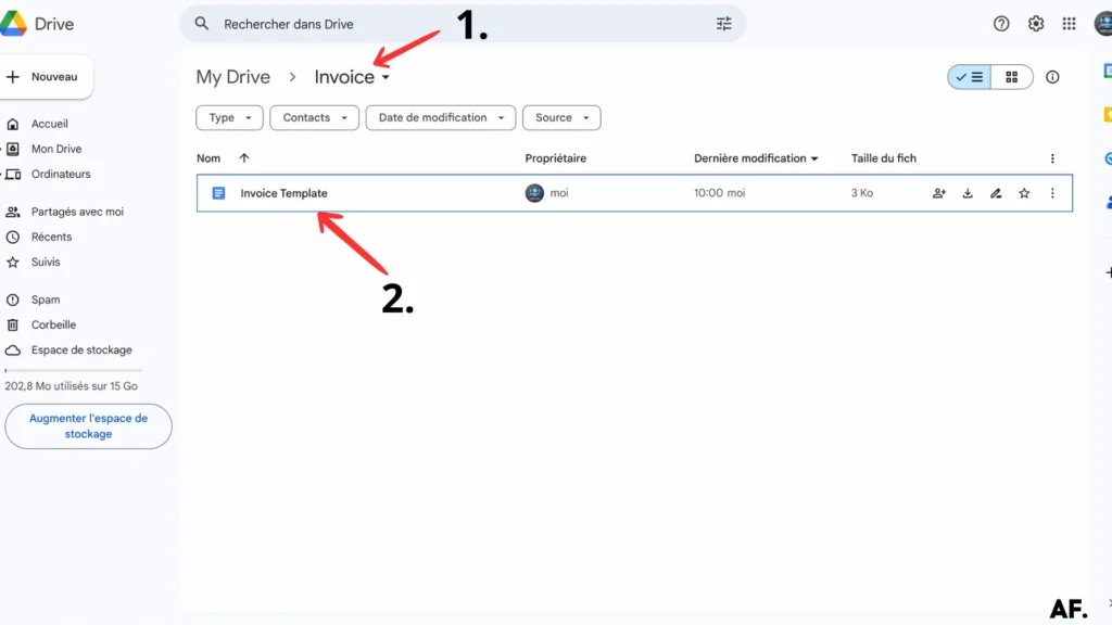 screenshot of google drive and google doc invoice template