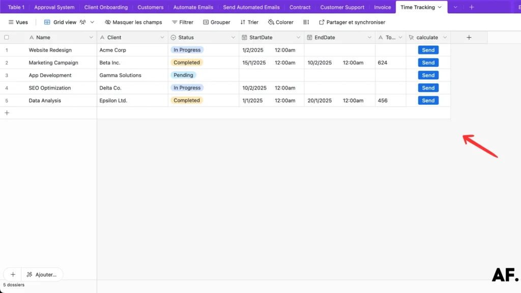 screenshot of table on airtable