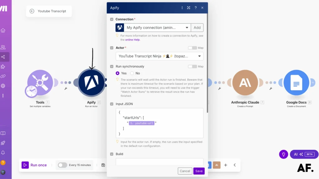 screenshot of apify module and values