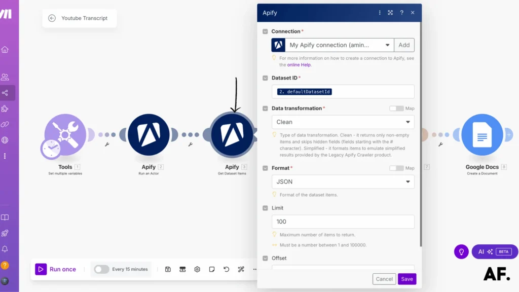 screenshot of apify dataset module