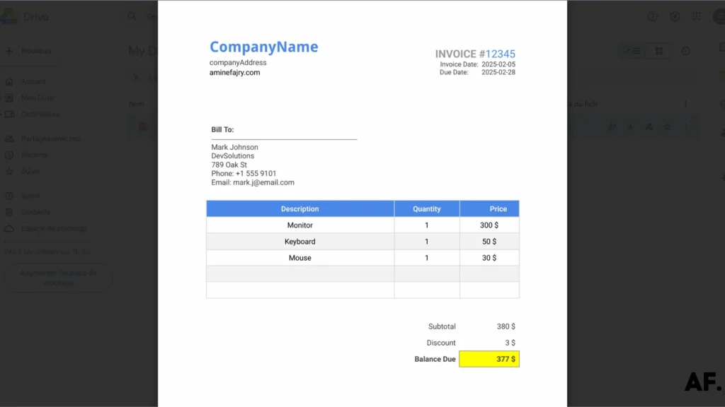 screenshot of the invoice