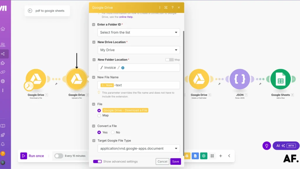 google drive upload a file module