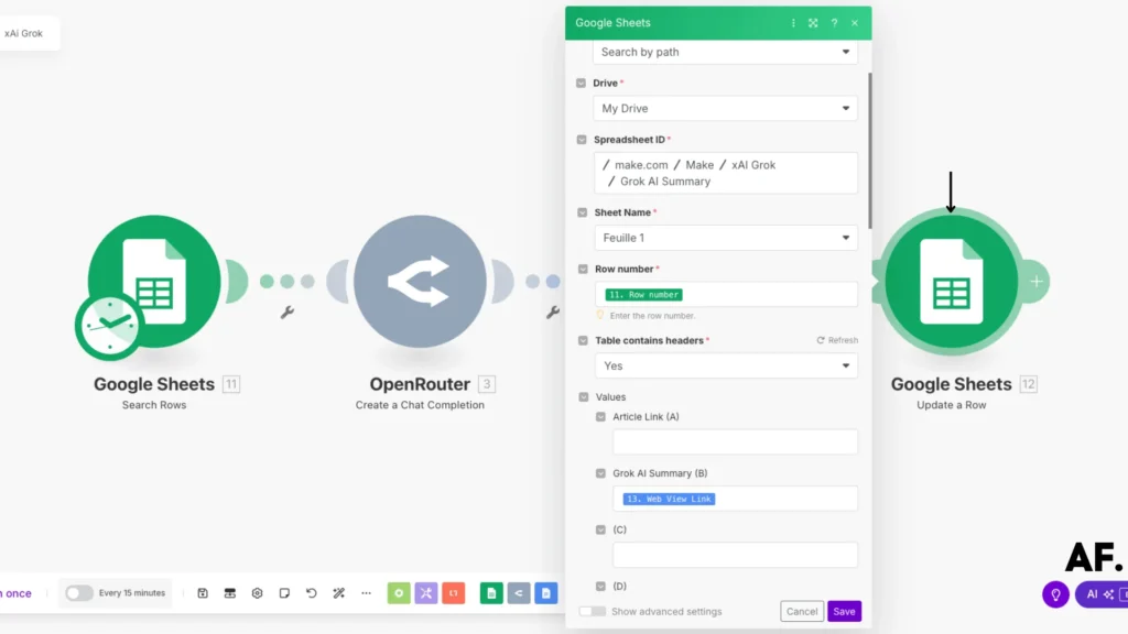 shows update a row module and values